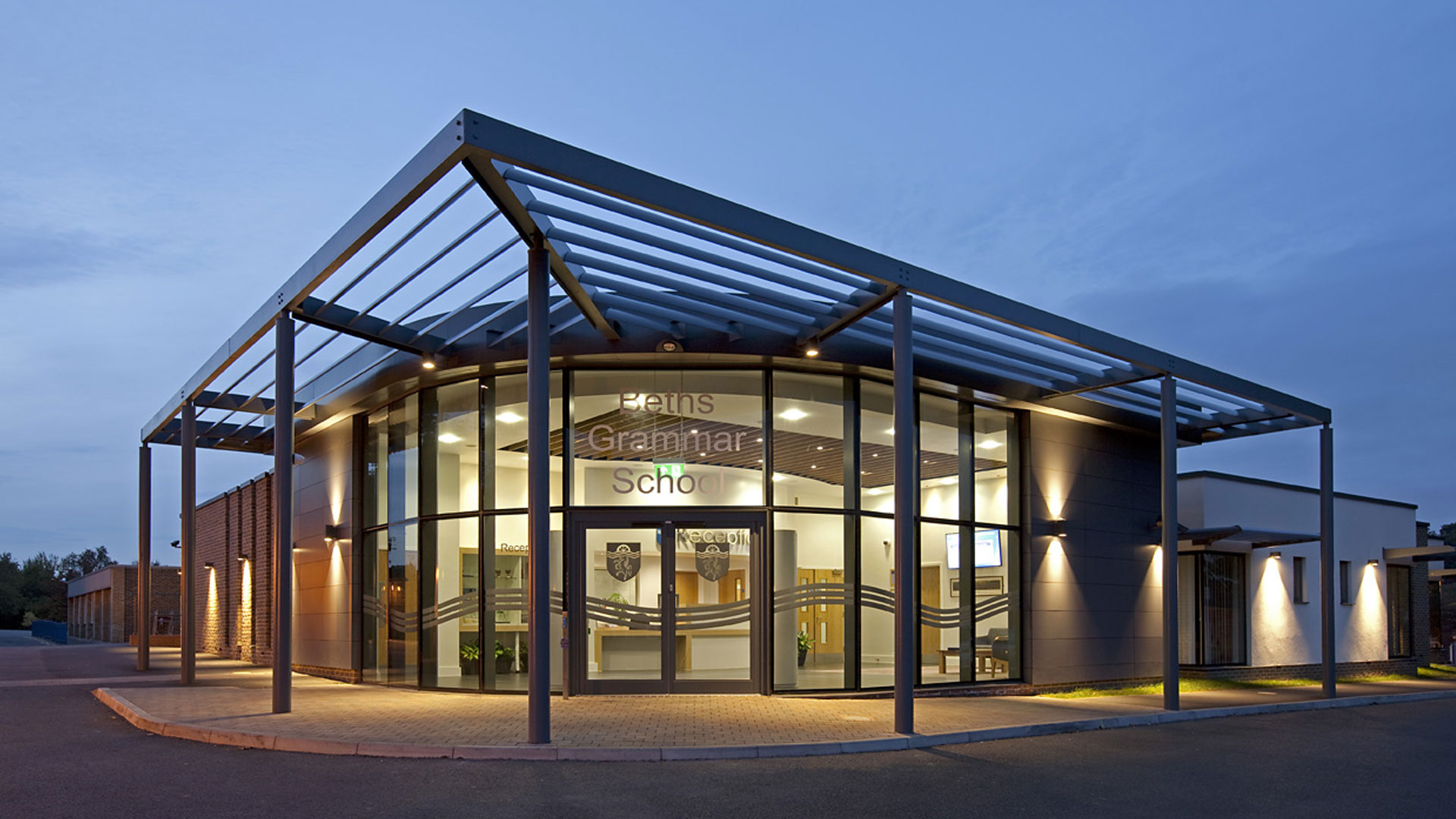 Educational building featuring bespoke aluminium solar shading designed by Dales Fabrications.
