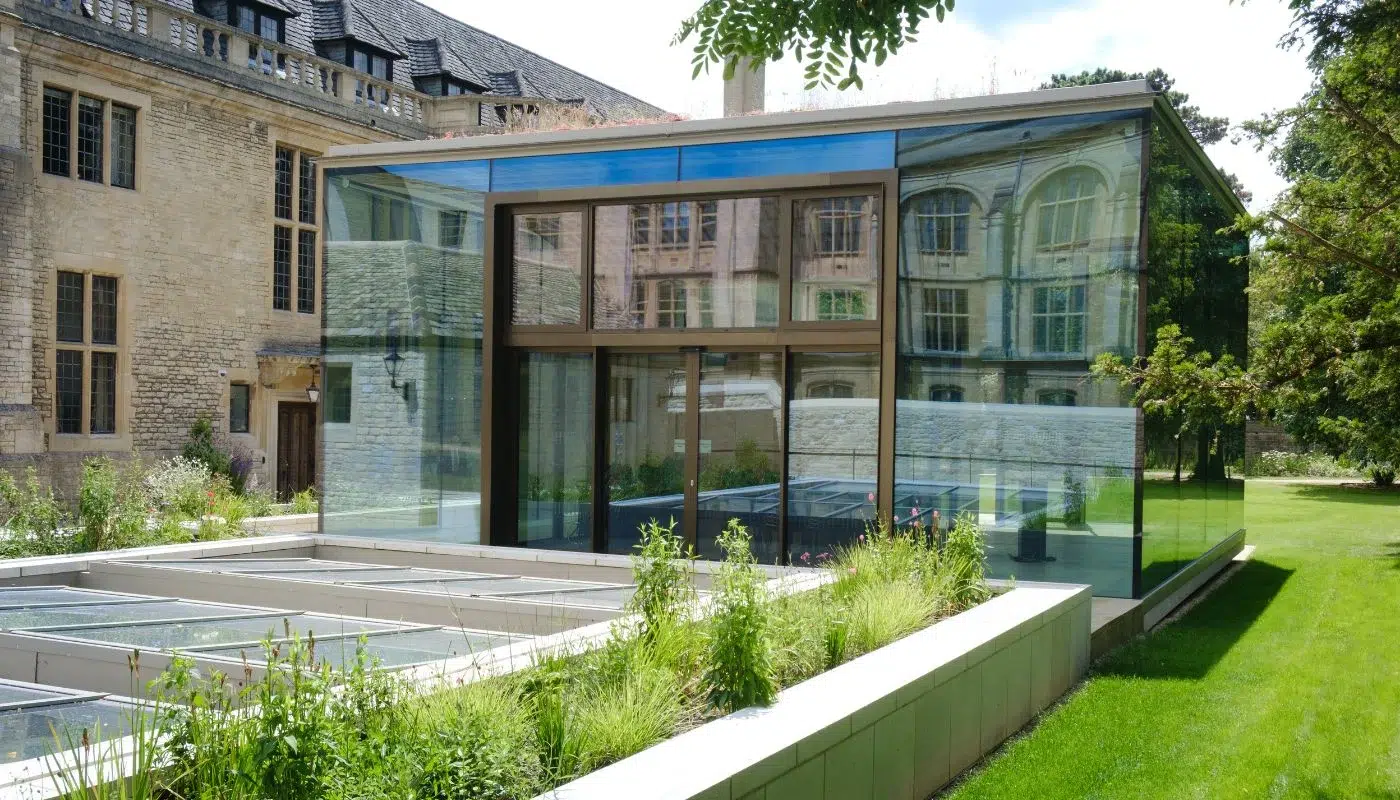 rhodes-house-full-glass-ring-beam-1400x800-1 Dales supplied bespoke aluminium Fascia, Soffit, and Coping for the Rhodes House Garden Pavilion.