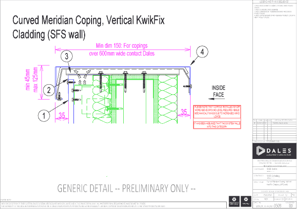 Curved Meridian coping with KwikFix vertical cladding (SFS wall)