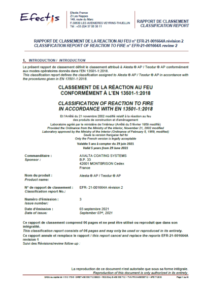 AXALTA COATING SYSTEMS PPC: EN 13501-1:2018 REACTION TO FIRE CLASSIFICATION