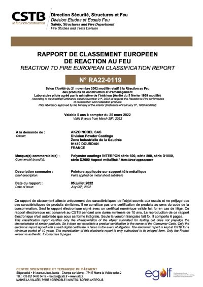 Interpon-D PPC: EN 13501-1:2018 Reaction to Fire Classification