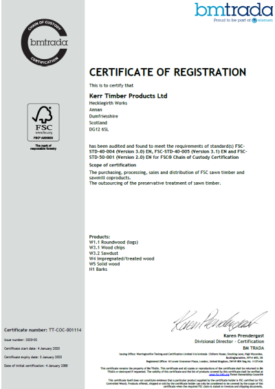 Kerr Timber Products Ltd: FSC certificate of registration