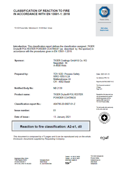 TIGER DRYLAC COATINGS PPC: EN 13501-1:2018 REACTION TO FIRE CLASSIFICATION